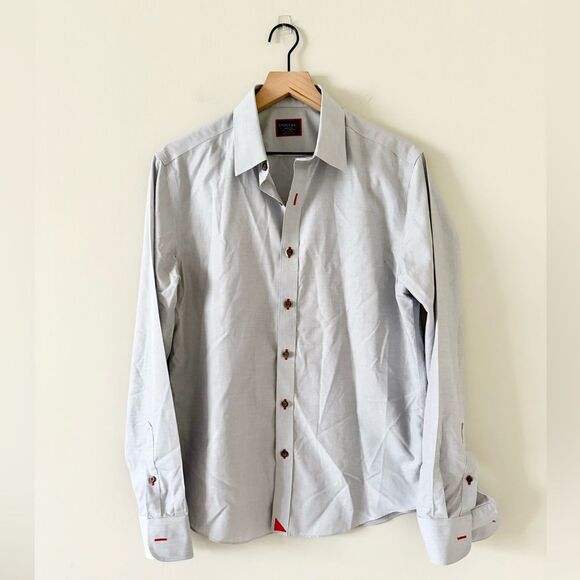 UnTuckit Cotton Slim Fit Rubican Button Front Shirt in Gray w. Red Stitching - M - Picture 2 of 5